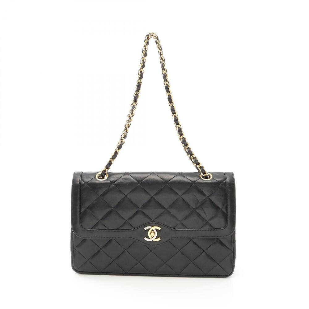 Chanel Matelasse Double Flap Shoulder Bag Lambskin Sheepskin Black